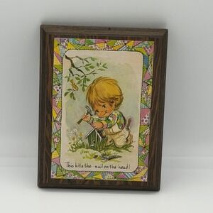 Vintage Greeting Card Wall Plaque Boy Repairing Birdhouse Wood Frame Decor